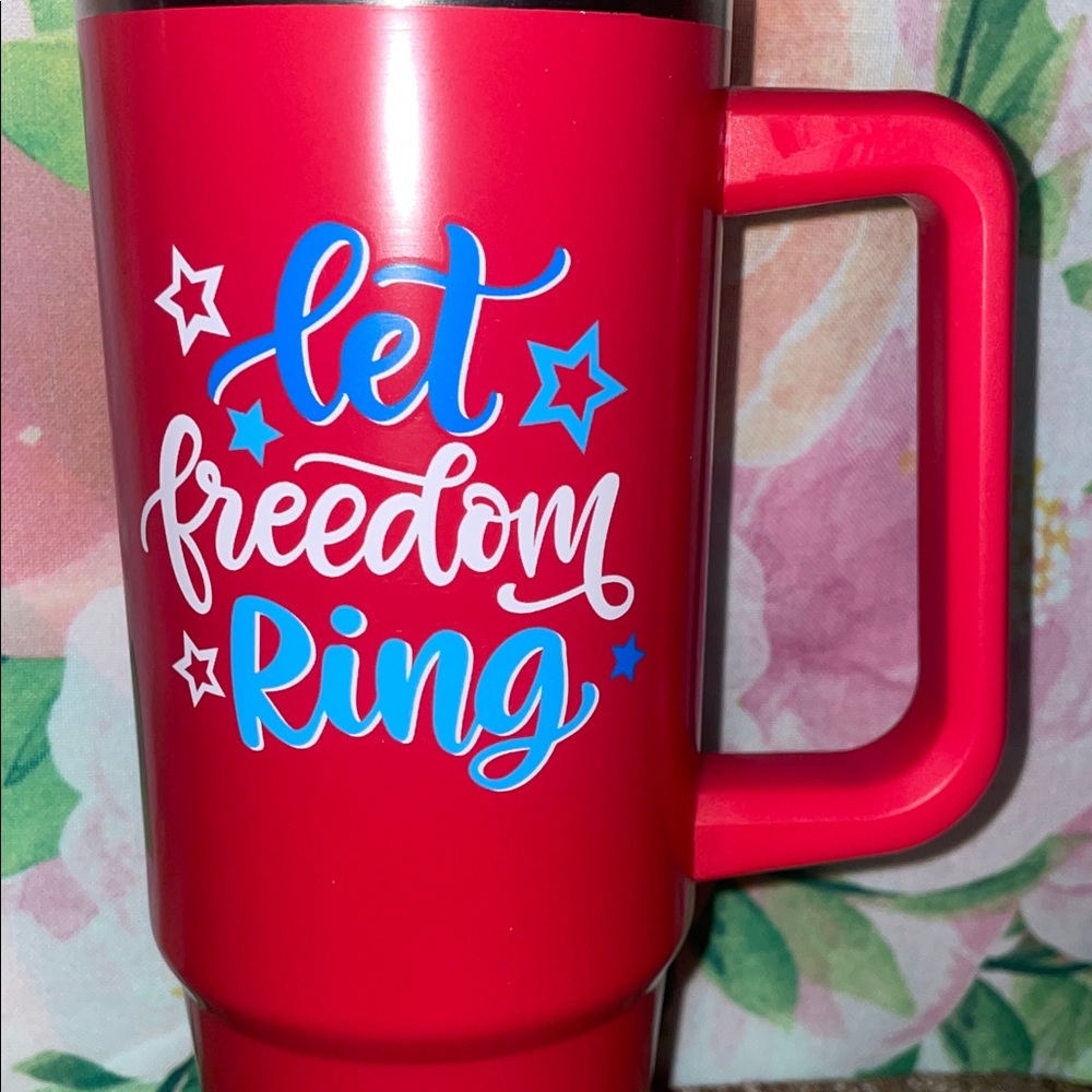 “Let Freedom Ring” Red Insulated Travel Mug with Handle - Picture 2 of 6